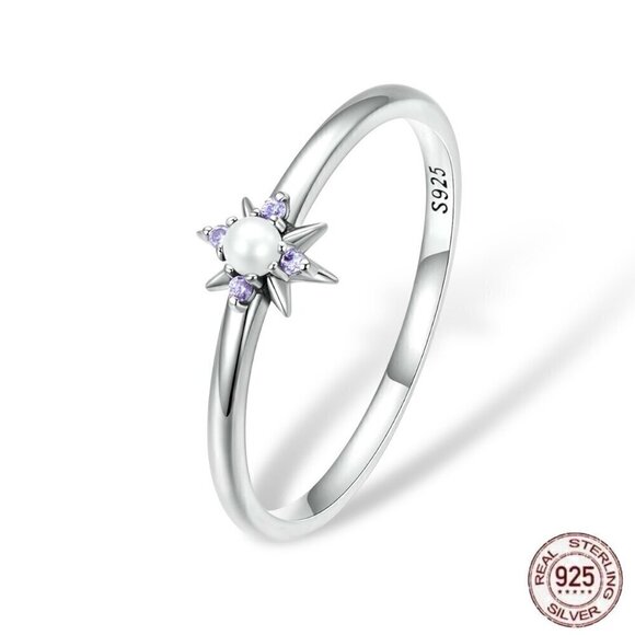 NWT Dainty Star Ring S925 Sterling Silver Pearl Purple Zircon Sz. 7 - Picture 1 of 11